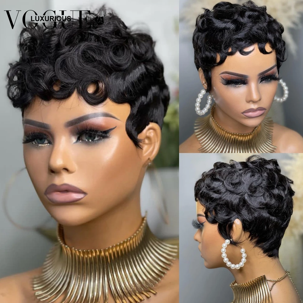 Brazilian Remy On Sale Human Hair Wigs For Black Women Full Machine Made Short Bob Wig Pixie Cut Curly Water Wave Hair Pre Cut