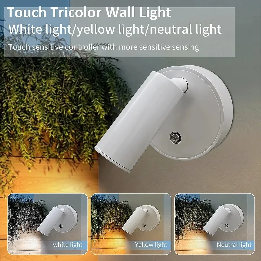 Magnetic LED Wall Lamp USB Recharge Adjustable Directional Spotlight Touch Control 3 Color Wireless Spotlight for Stairs Hallway