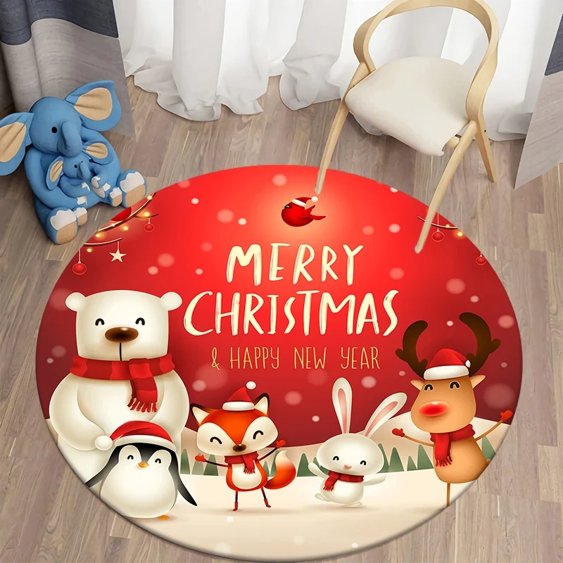 Christmas Cartoon Animal Round Carpet Xmas Theme Festival Decor Circle Rug Home Bedroom Living Room Floor Mat Chair Mats Doormat