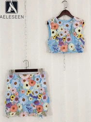 AELESEEN High Quality 2 Pieces Set Women Summer Sleeveless 3D Flower Embroidery Short Top + Mini Skirt Appliques Slim Casual Set