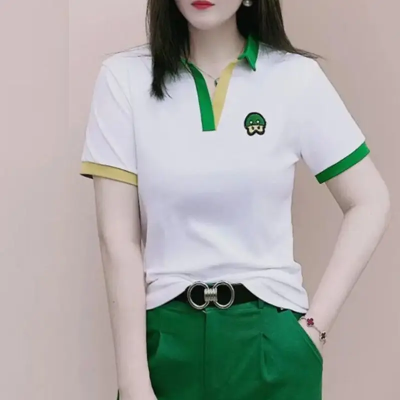 Clothing Plain Polo Neck Shirts for Women Flower T-shirt Woman Short Sleeve Tee Tops Y2k Fashion Korean Style Youth Polyester V