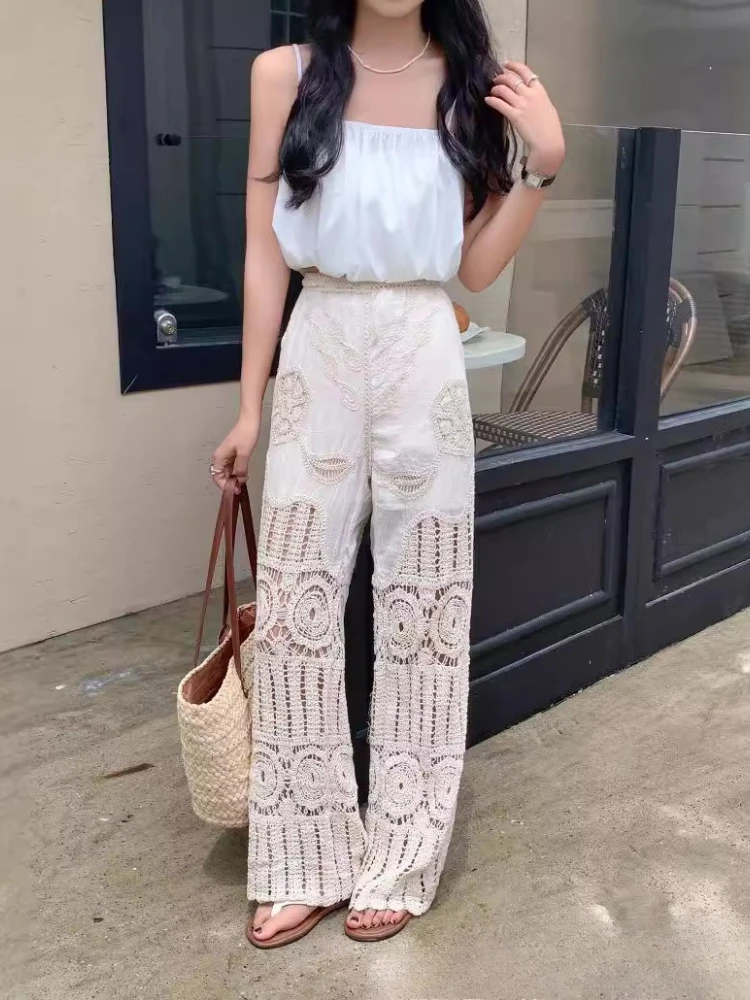 

Американские ретро кружевные полые широкие брюки женские с высокой талией эластичные летние повседневные прямые брюки богемные пляжные длинные брюки