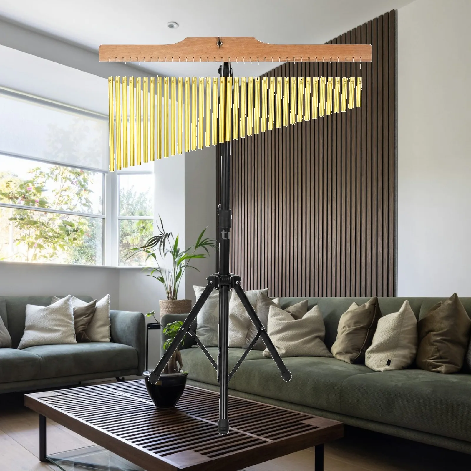 Wind Chime Percussion Instrument with Stand Graduated Metal Tubes Wood Bar Clear Tones for Rehearsal Studio Use