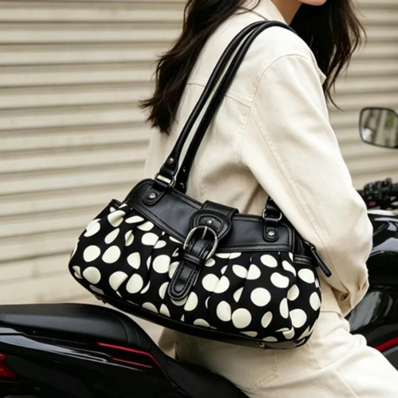 

Niche Rivet Patchwork Design Handbag Stylish Women's Belt Buckle Design Shoulder Bag Retro Y2k Polka Dot Motorcycle UnderarmBag