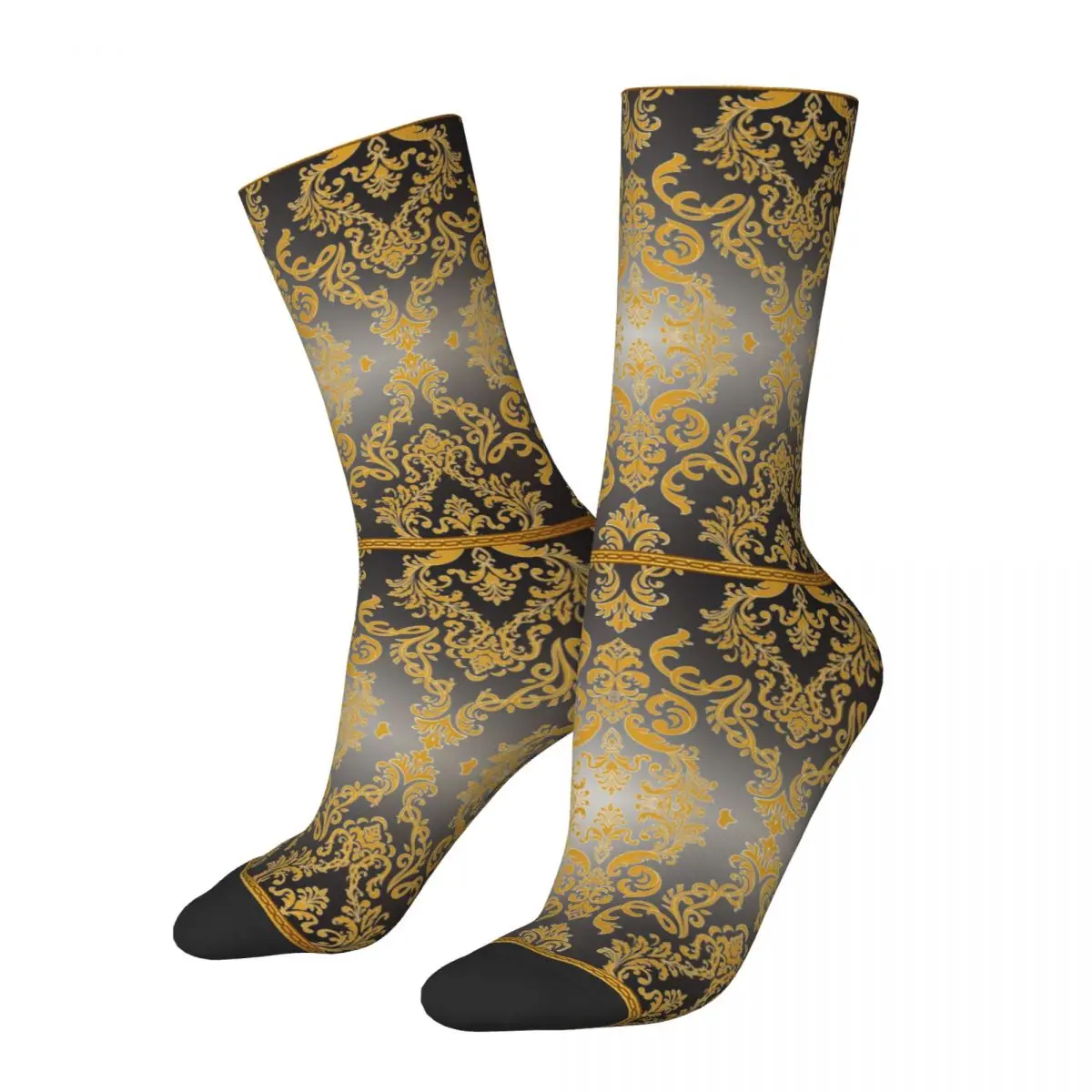

Fashion Greek Key Ornate Floral Baroque Black Silver And Gold Football Socks Polyester Middle Tube Socks for Women Men