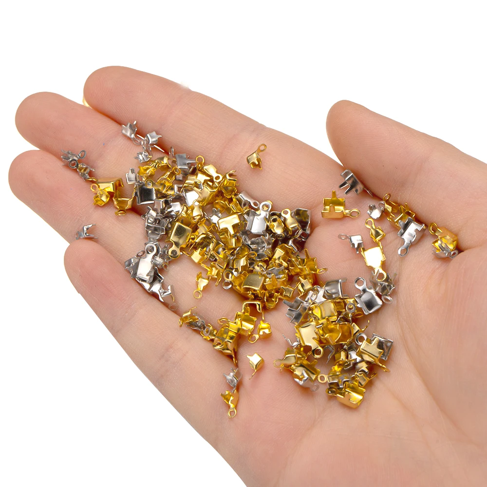 50Pcs Stainless Steel Gold Crimp Trim End Beads Connectors Clasp Tips Fastener DIY Necklace Rhinestone Chain Jewelry Making