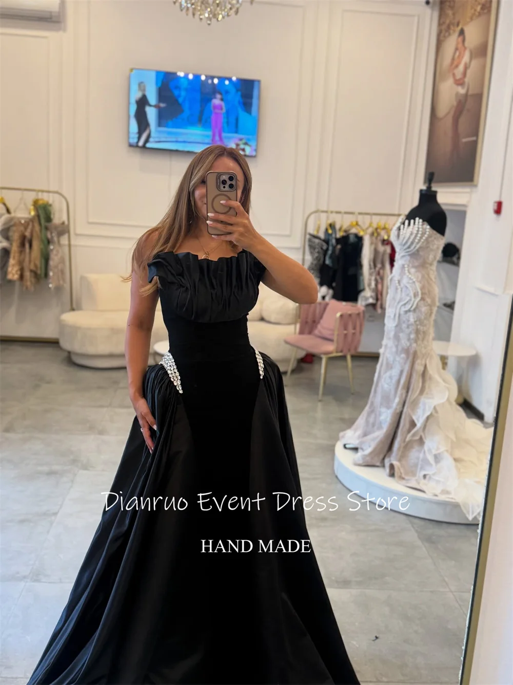 Dianruo Вечерние платья с украшениями по бокам и рюшами, платья для выпускного вечера без бретелек, атласный халат De Soirée Femme по индивидуальному заказу