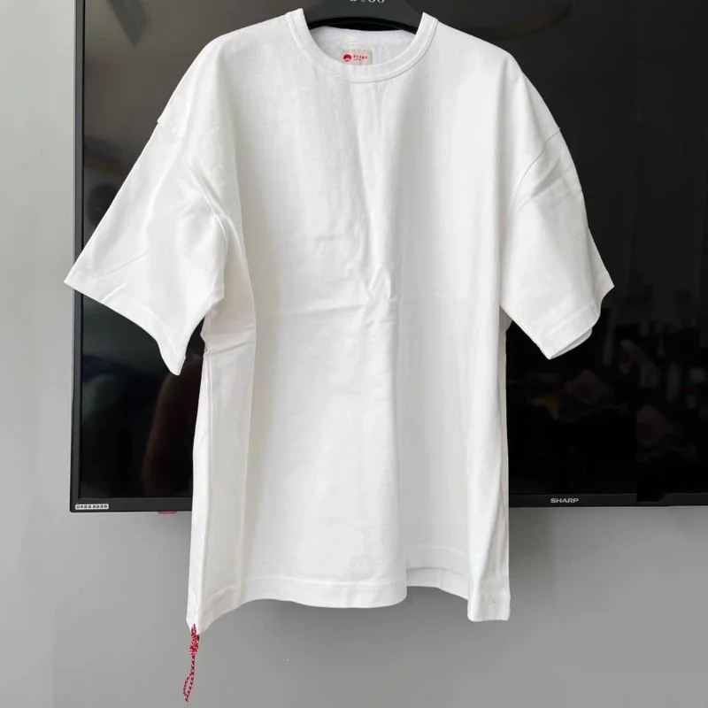 Camisetas clásicas tejidas con cuerda roja y vigas en blanco, camisetas de algodón transpirable de manga corta para verano, ropa de calle Cleanfit, camisetas de gran tamaño para hombres y mujeres