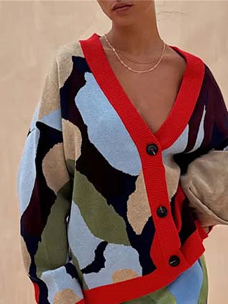 เสื้อคาร์ดิแกนถักคอวีสีตัดกันสไตล์วินเทจ แขนยาวพิมพ์ลาย เสื้อสเวตเตอร์ผู้หญิงทรงหลวม สไตล์ลำลอง เหมาะสำหรับใส่ไปทำงาน
