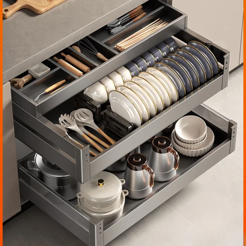 

gun gray pull basket kitchen cabinet, stainless steel three-layer pull-out drawer style seasoning bowl and dish rack, st