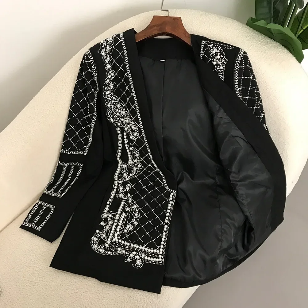 Fashion Women\'s Blazer Handmade Pearl Beaded Shawl Collar Hidden Breasted Long Sleeve Suit Jackets Spring 2024 New