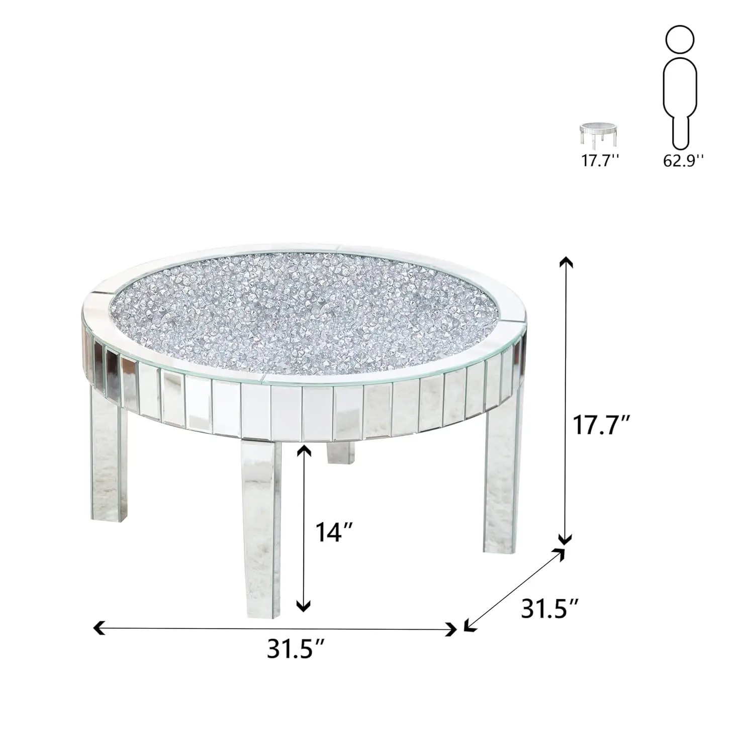Mirrored Coffee Table With Crystal Inlay, 31.5'' Modern Round Coffee Table With Mirror Surface, Silver Accent Table For Living R