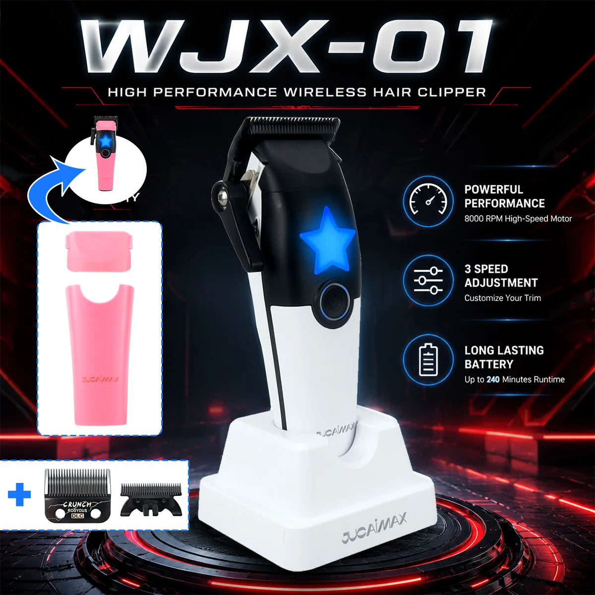 JUCAIMAX WJX-01 Professional Hair Clipper for Men 8000RPM DLC Blade Brushless Motor with Base Charger Hair Cutting Machine