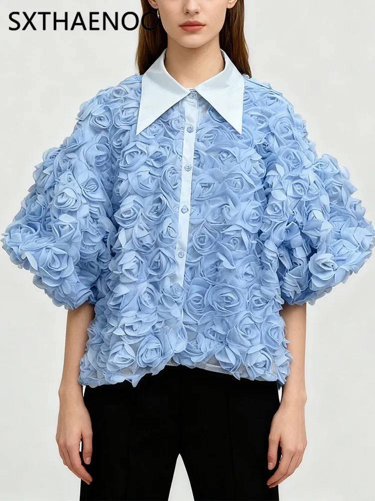 

SXTHAENOO Fashiona Petal Short Sleeve Turn-down Collar Shirt Women's Stylish Top Korean Style Loose Fit Button Decoration Splice