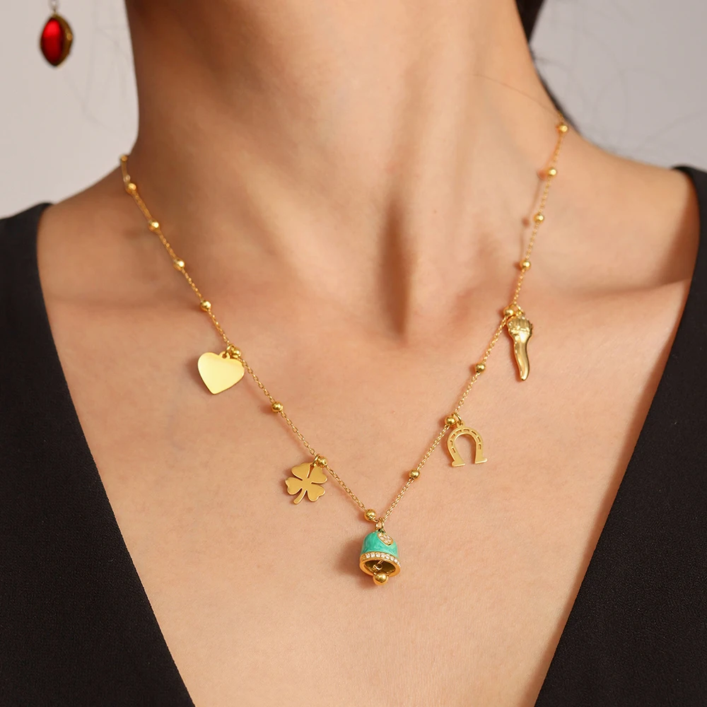 

Nivora Lucky Clover Heart Small Bell Pendant Necklace Bracelet For Women Zircon Stainless Steel Chain Women Wedding Jewelry Gift