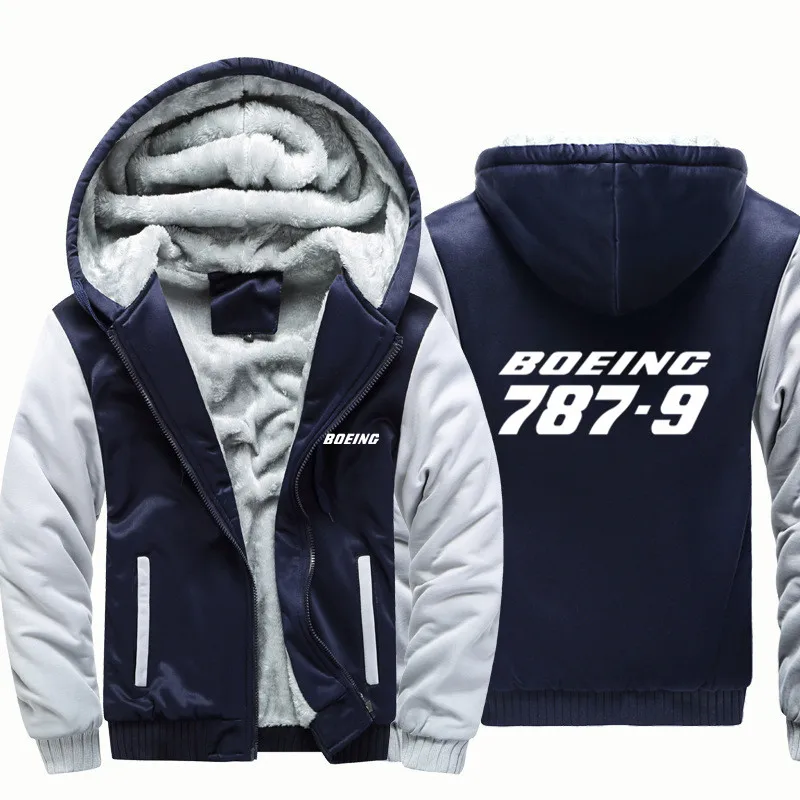 Fleece Warm Wool Aviation Pilots Boeing 787-9 Flight Men Coat Jackets Autumn Winter Zipper Hooded Thick Hoodies Sweatshirts