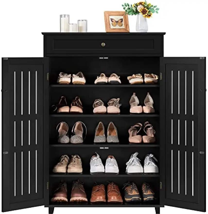 Shoe Rack Storage Cabinet Shelf 5 Tier Adjustable Shoes Organizer with Drawer Louvered Door for Entryway Hallway Furniture