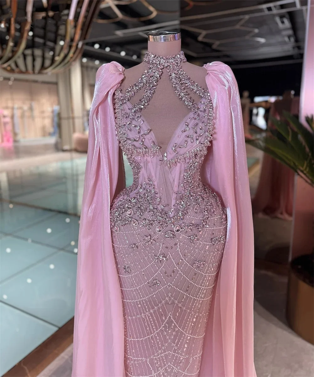 Robes De soirée en cristal scintillant, col haut, robe De bal, Illusion De sirène, manches longues, paillettes, robes De soirée