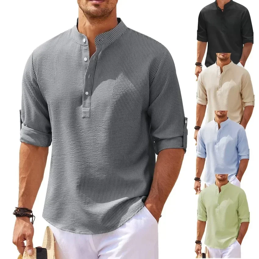 Coton Lin Vente Chaude Hommes À Manches sulfChemises Printemps Automne Solide document Col Montant Casual Plage Style Plus La Taille S-5XL