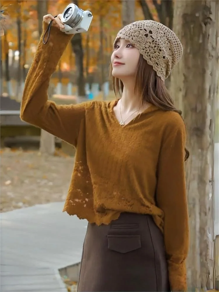 

Корейская вязаная шапка с кружевными вставками и вырезами, женская базовая кофта для многослойных образов, дышащий топ с длинными рукавами для повседневной носки, осень-зима