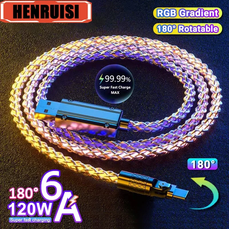 

120W RGB Super Fast Charging Cable 6A 180° Rotation LED Glowing Elbow Cable USB Type-C Micro Data Line for iPhone Huawei Xiaomi