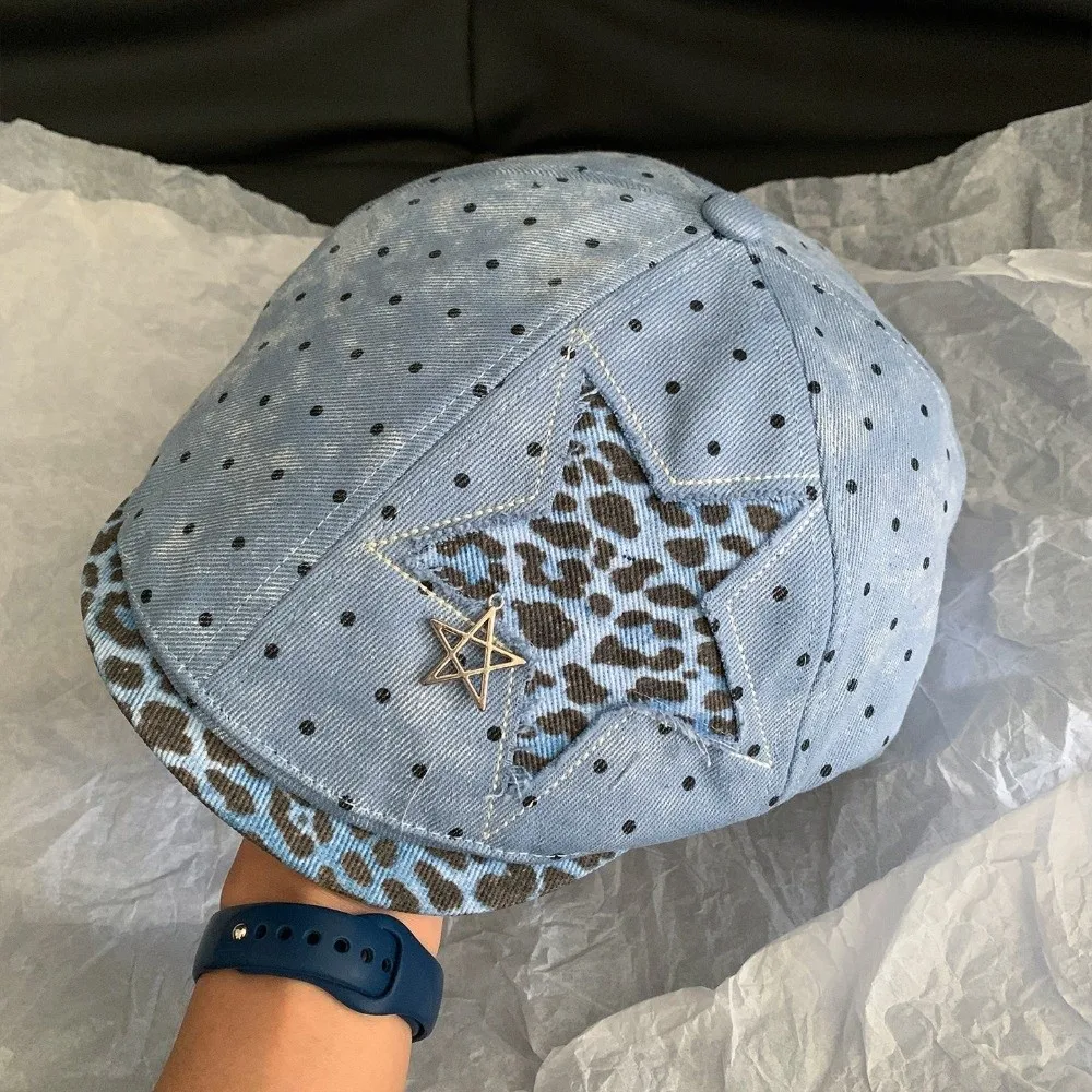 Unisex Star Leopard Print Beret Adjustable Polka Dot Newsboy Forward Cap Duckbill Retro Soft Baseball Hat Women