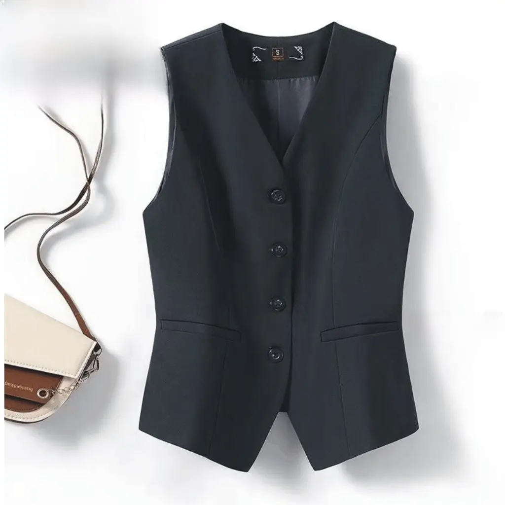 

Black Sleeveless Suit Vest Korean Jacket Waistband Design Spring Autumn New Women's Fashion Top