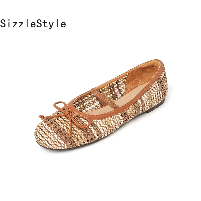 

Женские текстильные тканые туфли без шнуровки с круглым носком на плоской подошве, двухцветный эластичный ремешок с бантом, гибкая подошва, коричневый, бежевый