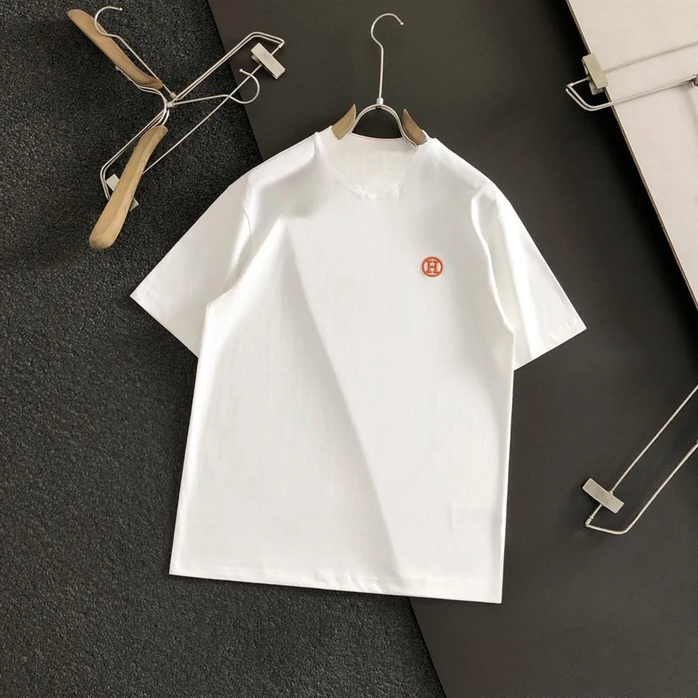 2024 New Hermes Men's and Women's Classic Logo Cotton Crew Neck T-Shirt Simple Casual Versatile Bottom Shirt Short Sleeve