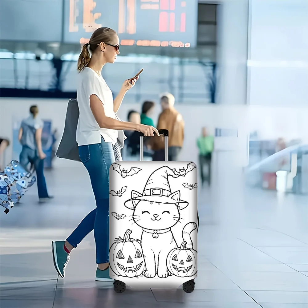 1PC Halloween Cat and Pumpkin Print Luggage Cover with manual doodle colors. Suitable for carrying cases from 18-32 inches; dust