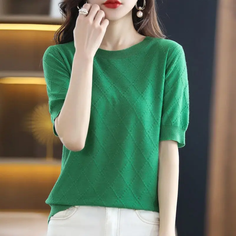 Women's Korean Fashion Simple Sweet Short Sleeve Soft Elegant Knitwear Summer Female Casual Solid Round Neck Slim Pullover Tops