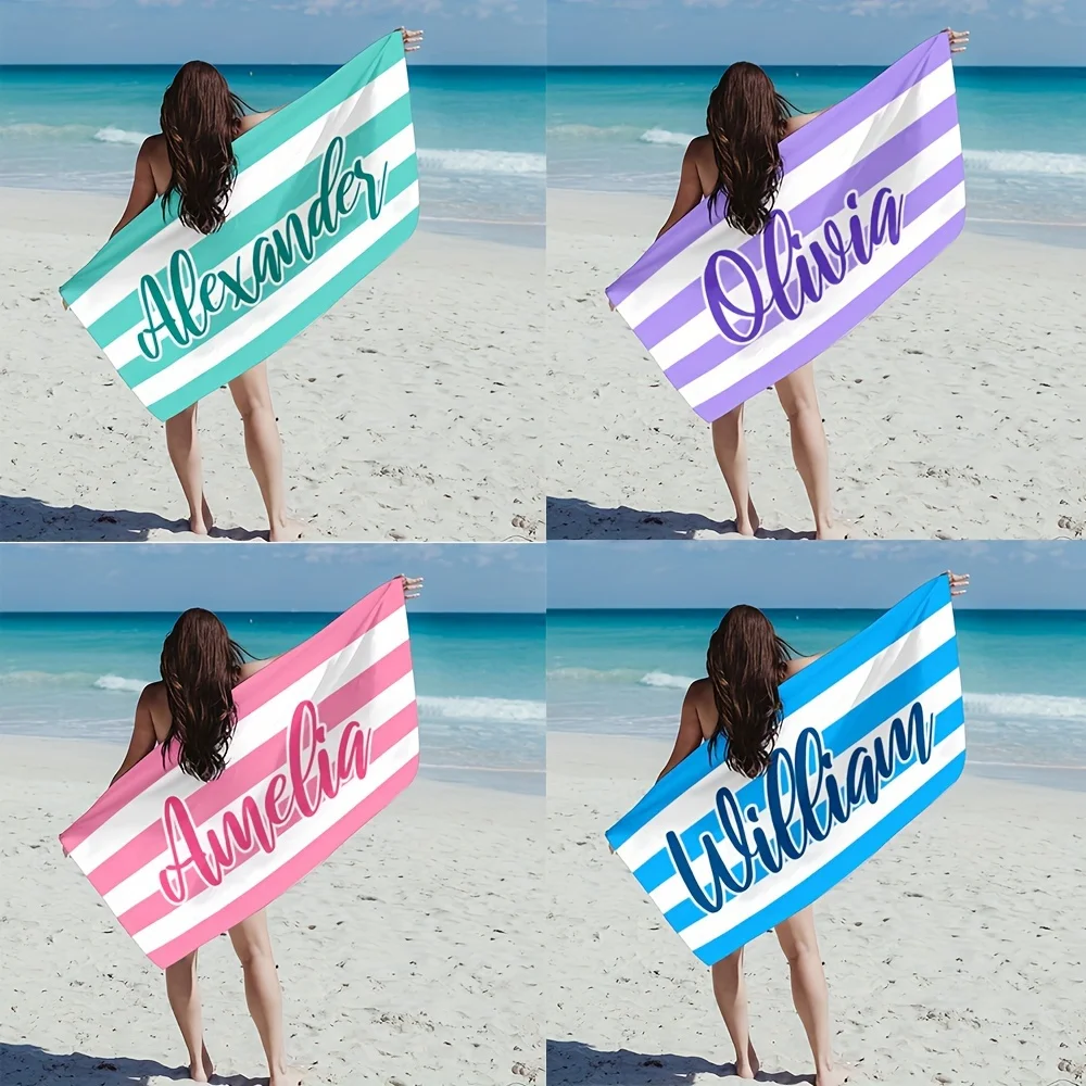 Personalized Custom Stripe Beach Towel Customizable Name Microfiber Lightweight Absorbent For Beach Pool Yoga Camping Towels.