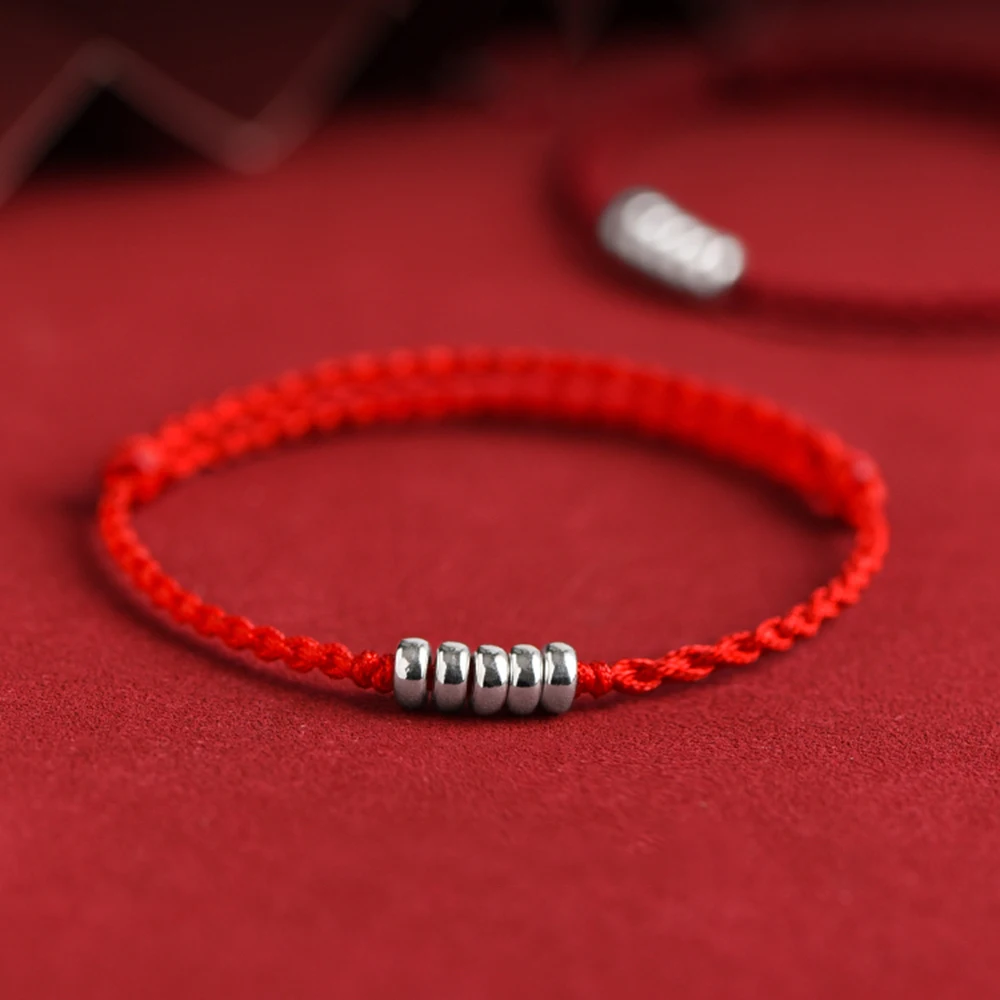 Handmade 3 Beads Red String Bracelet for Women Men Silver Color Lucky Bead Red Rope Bracelet Amulet for Protection Charm Jewelry