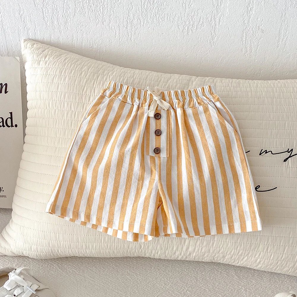 Sommerliche klassische Shorts für Jungen, gestreifte Shorts, elastische Taille, lässige Knöpfe, Taschen, kurze Babyhosen für Kleinkinder, Jungenkleidung – Detail 4