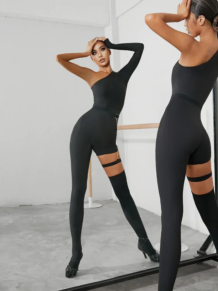 One Shoulder Design with Special Cut Out for Practice Performance ZYM Stage Wear The Cat Jump Suit Latin Dancing Jumpsuit