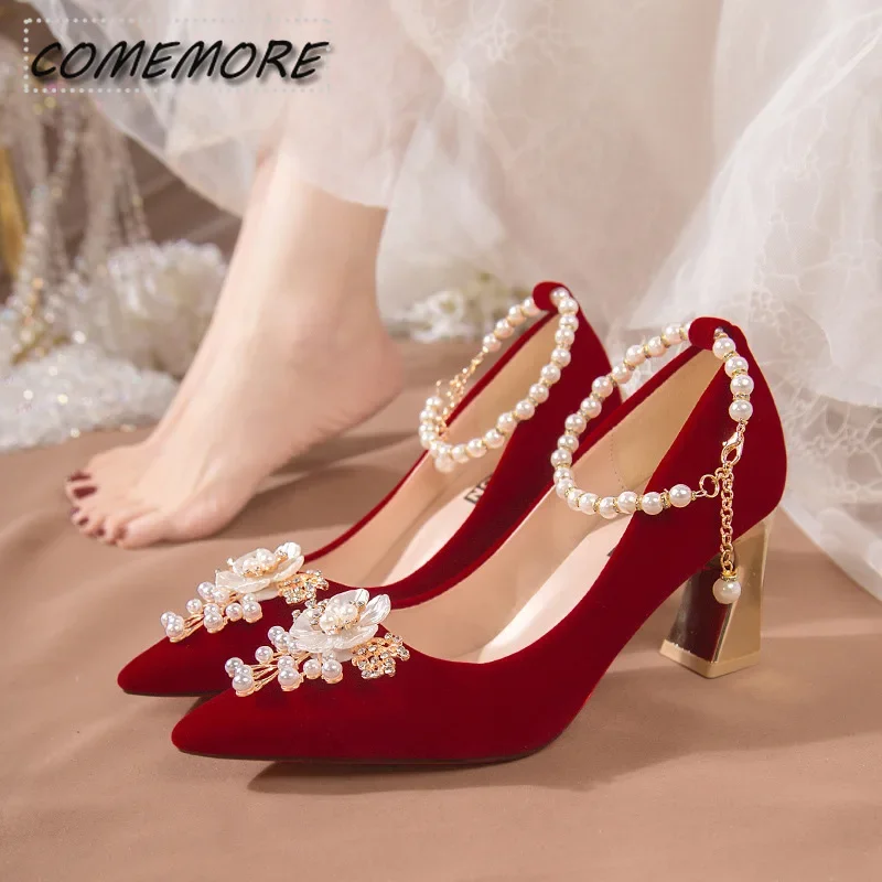 

Elegant Pearl Crown Bride Shoes Women String Bead Ankle Strap Pumps Woman Flock Pointed Toe Elegant High Heel Wedding Shoes 2025