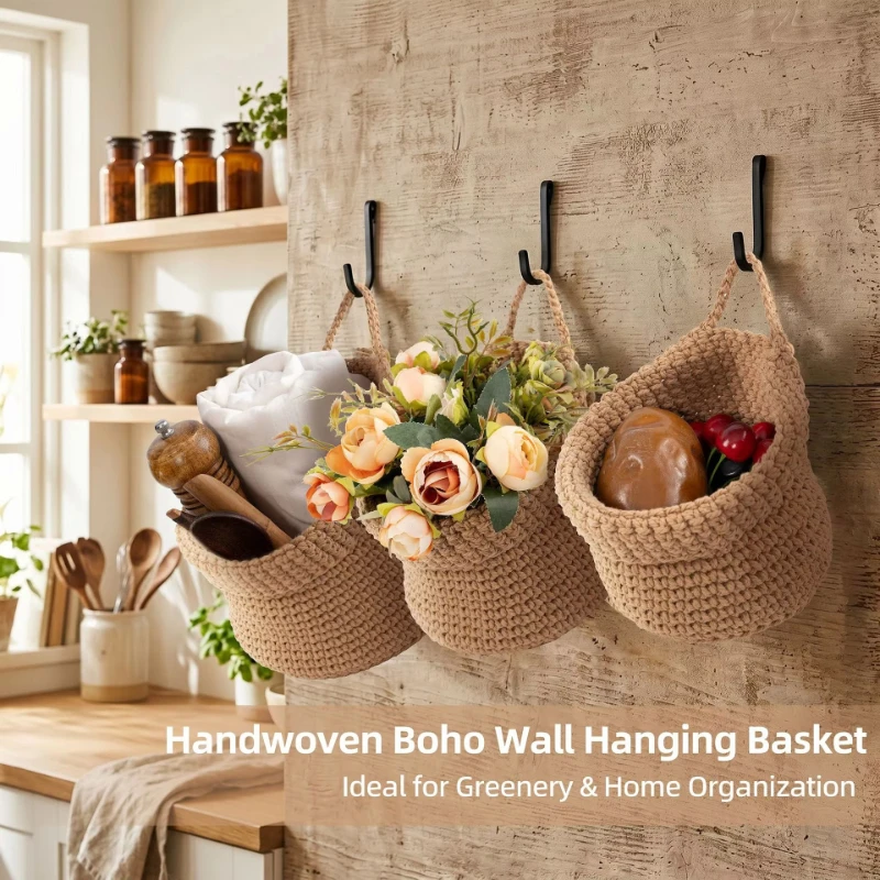 3PCS/Set Durable Hand-Woven Wall Hanging Basket Decorative Space Saving Vegetable Fruit Storage Baskets Soft Sundries Organizer
