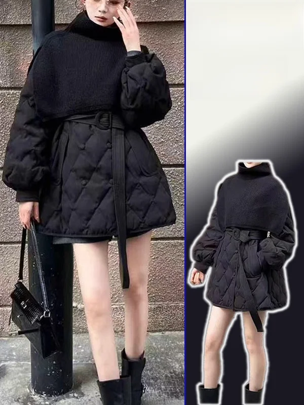 

High Collar Knitted Scarf oulder Wrap plus Size Women's Coat Diamond Pattern Waist Cinched Two Piece Set