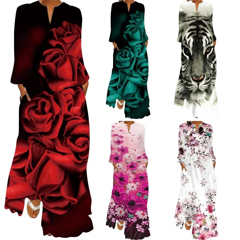 

Loose V-Ne Long Sve Printed Dr Women's Spring Summer Autumn Cross-Border New Sle Long Dr with kets for Young ...