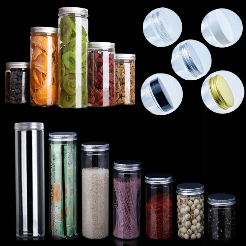 5Pcs 150-580ml Clear Plastic Jars W/ Aluminum Lids Refillable Straight Cylinders Jar Container For Dry Cargo Jams Peanuts Snacks