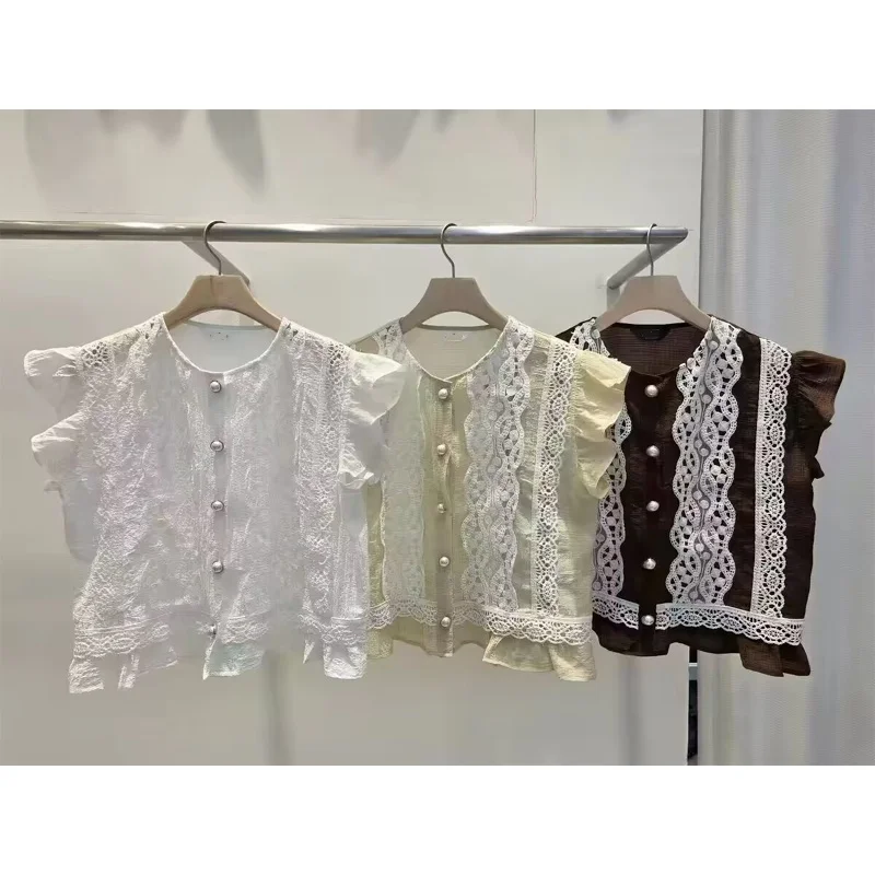 

Korean Style Lace Trim Splice Sleeveless Women's Shirt Summer New Design Breathable round Neck Loose Fit Button Closure Top