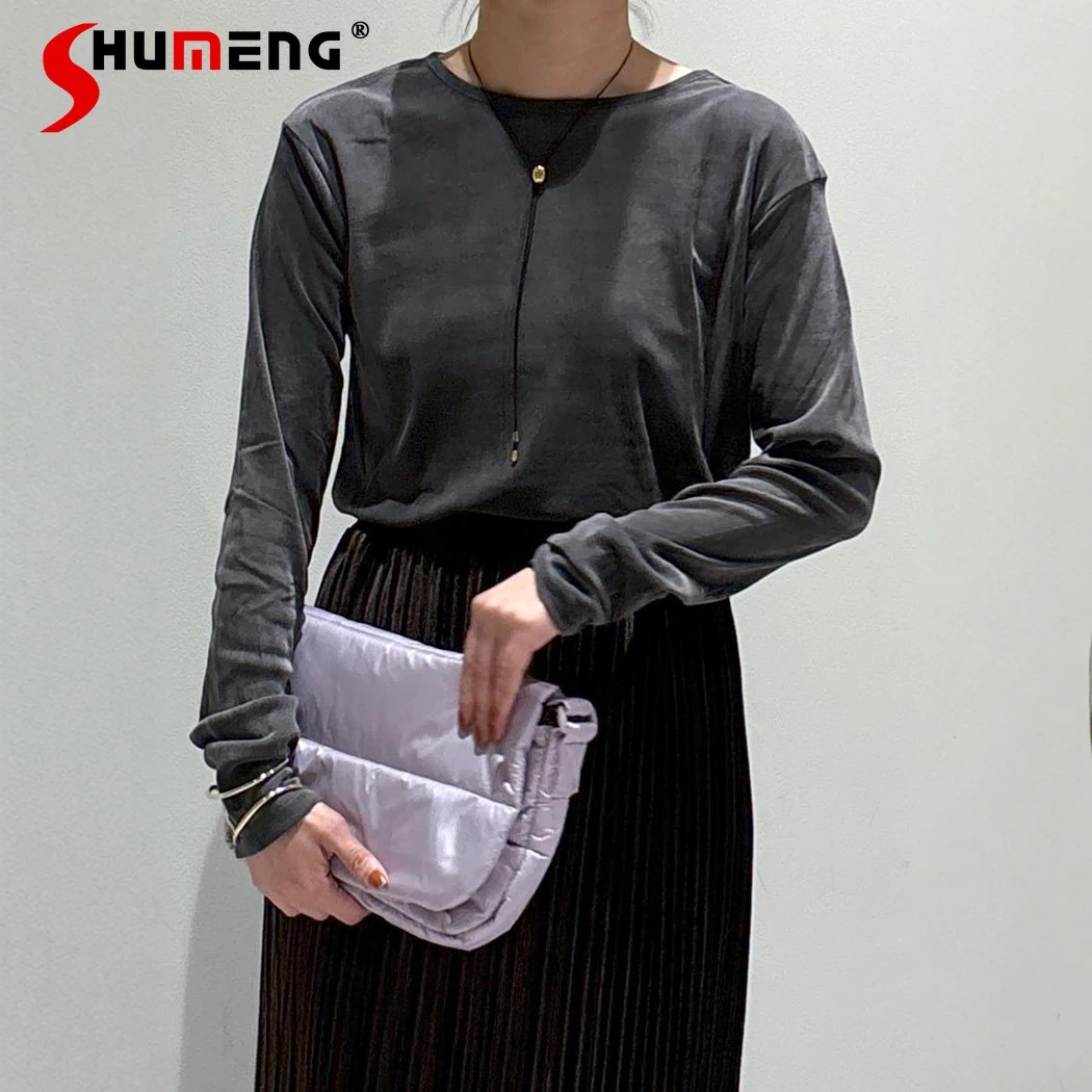 

Japanese Gray Bottom Long-sleeved Top Spring and Autumn Women's Slim-Fit Fashion Versatile Casual T-shirt Lady Daily Clothes