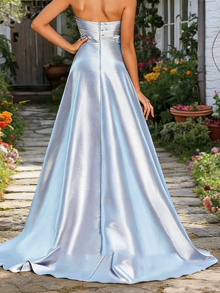 Elegante trägerlose, geraffte, himmelblaue, ärmellose A-Linie-formale Abendkleider, Geburtstagsfeier, Ballkleider, individuell gestaltet