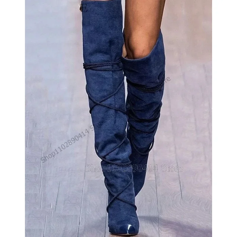 Navy Blue Patchwork Patent Leather Pointed Toe Boots Back Zipper Women Shoes Thin High Heels New Runway 2023 Zapatos Para Mujere