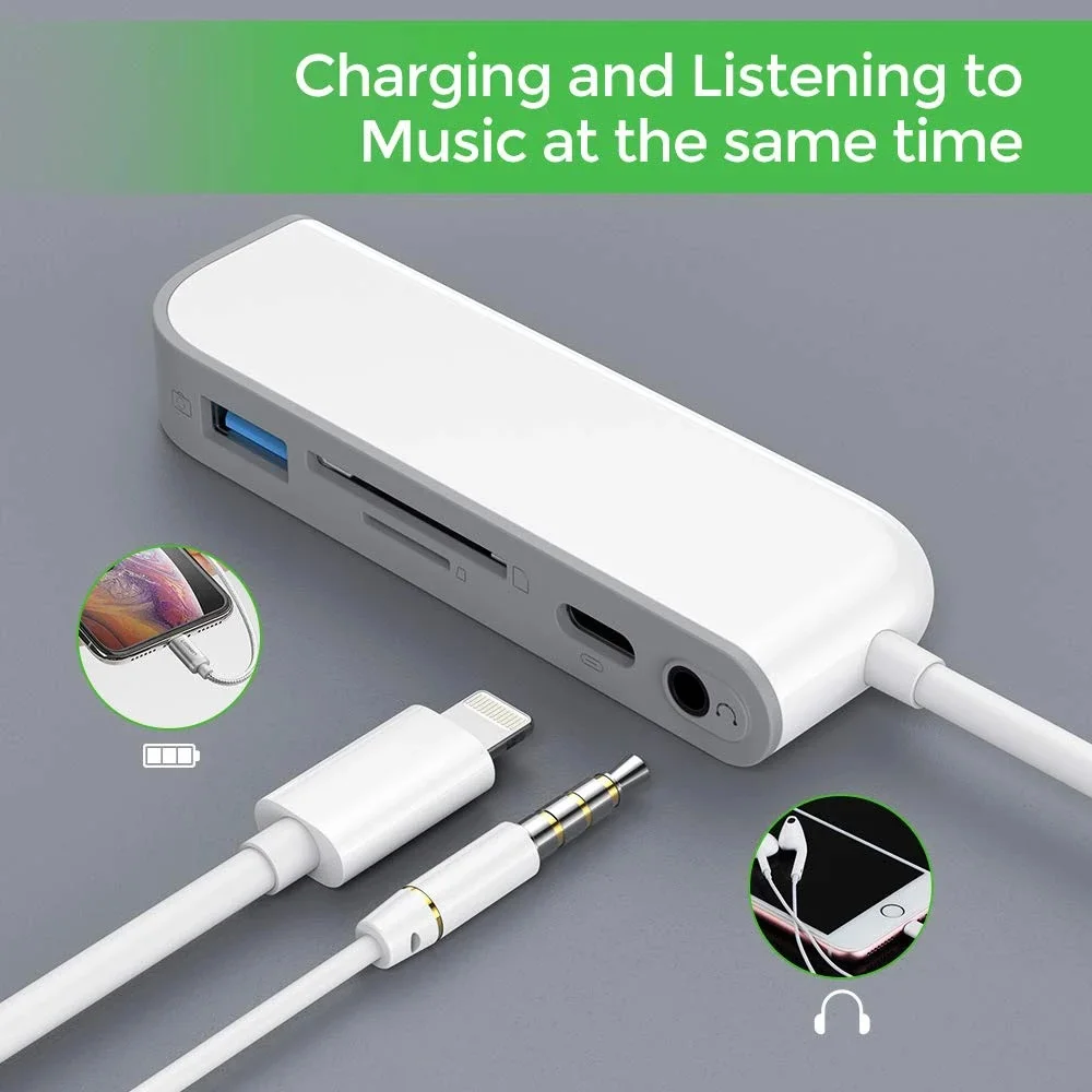 SD TF Card Reader USB to Lightening Adapter 5 in 1 Card Reader Adapter with 1*USB 2.0 OTG Interface SD/TF Card Reader 1* PD