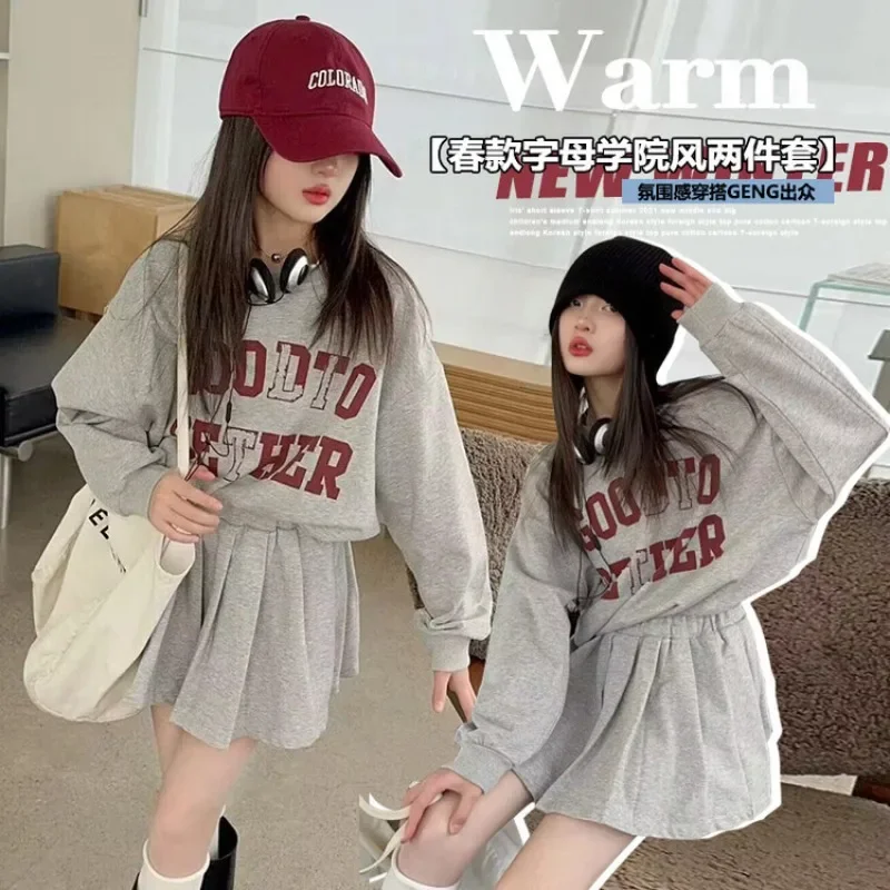 2024 Autumn Winter Girls set Clothes teenager letter hooded sweatshirts t-shirt + pleated skirt  4  6  8 10 12 14 year tracksuit