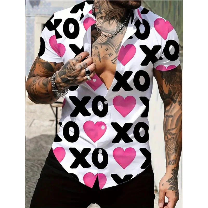 2024 Valentine'S Day Funny Graphic Print Short Sleeve Men'S Shirts Turndown Short Sleeve 4-Way Stretch Fabric Shirts For Lovers