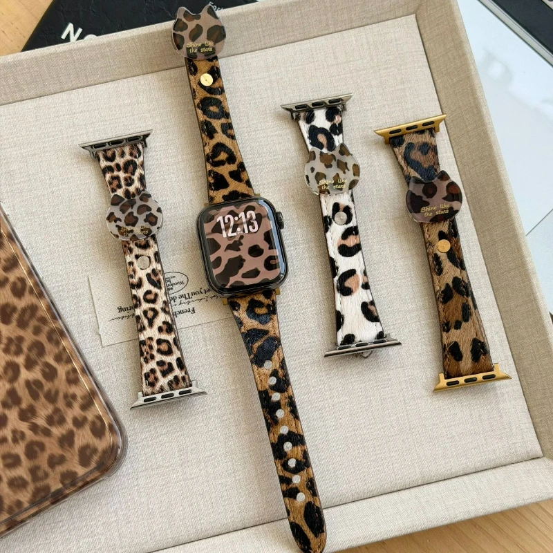 Leopard Print Leather Loop Band for Apple Watch 44mm 40 42 45 41 49 38 Wristband for Iwatch Series 11 10 9 8 SE 7 6 Ultra3 Strap