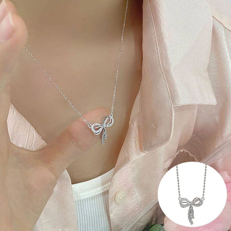 

100% 925 Sterling Silver Zircon Bowknot Necklace for Women Girl Simple Fashion Design Jewelry Birthday Gift Dropshipping
