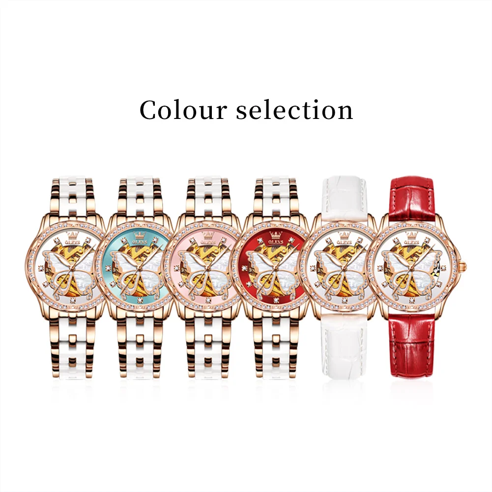 OLEVS 6622 Automatic Mechical Watch for Women Hollow Butterfly Diamond Dial Elegant Luxury Ceramics Waterproof Female Watch Gift